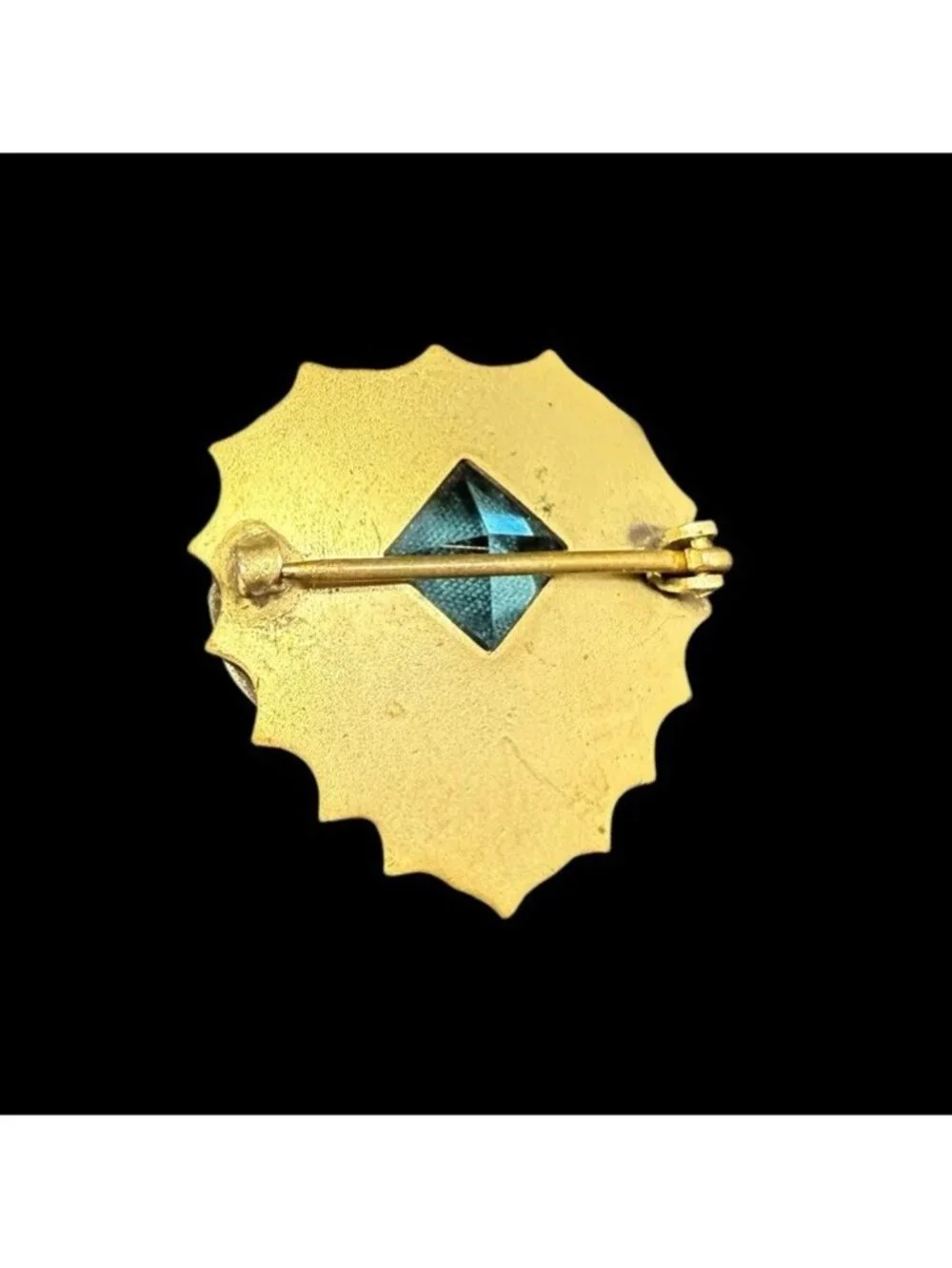 Art Nouveau Floral Brass Square Cut Aqua Crystal Brooch C Clasp Pin